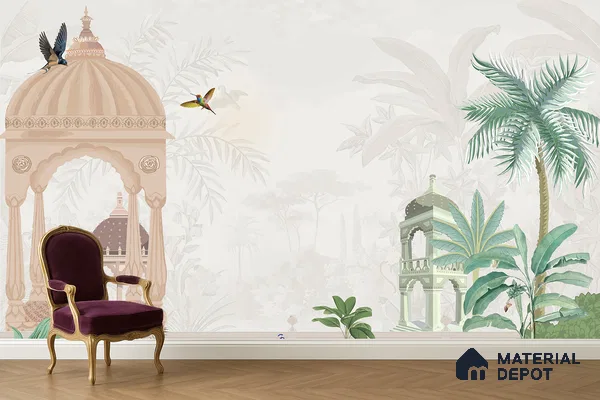 Art Deco living room with Indian palace-themed mural wallpaper and herringbone wood flooring in Bengaluru
