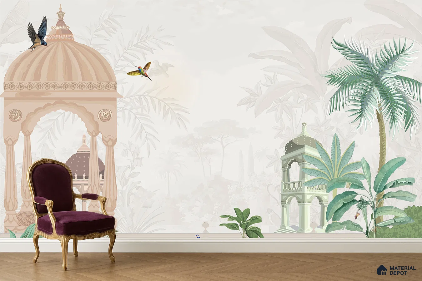 Art Deco living room with Indian palace-themed mural wallpaper and herringbone wood flooring in Bengaluru