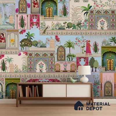 Art Deco living room with Indian patterned wallpaper and mid-century modern console in Bengaluru