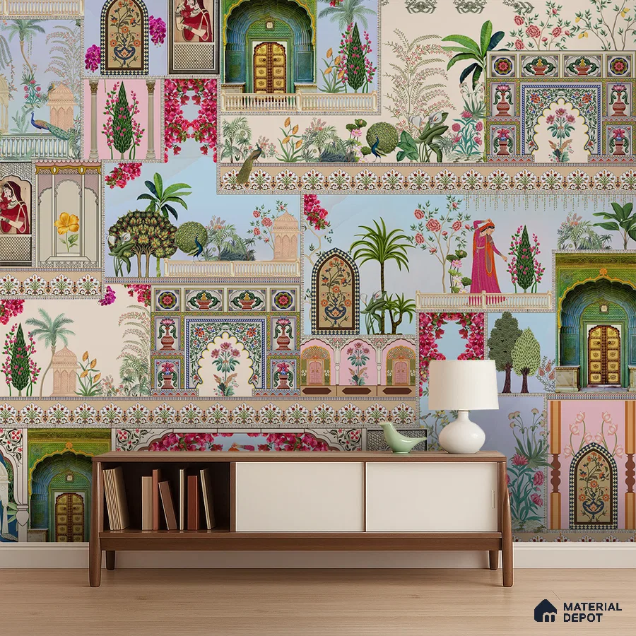 Art Deco living room with Indian patterned wallpaper and mid-century modern console in Bengaluru
