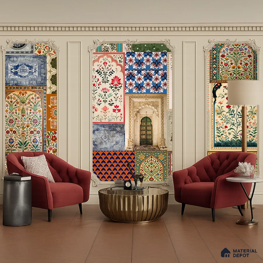 Art Deco living room with Indian patterned wallpaper, velvet chairs, and gold metallic coffee table in Bengaluru