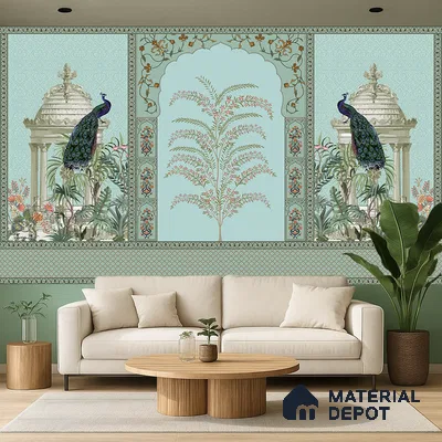 Art Deco living room with Indian pichwai wallpaper and light wood coffee table in Bengaluru