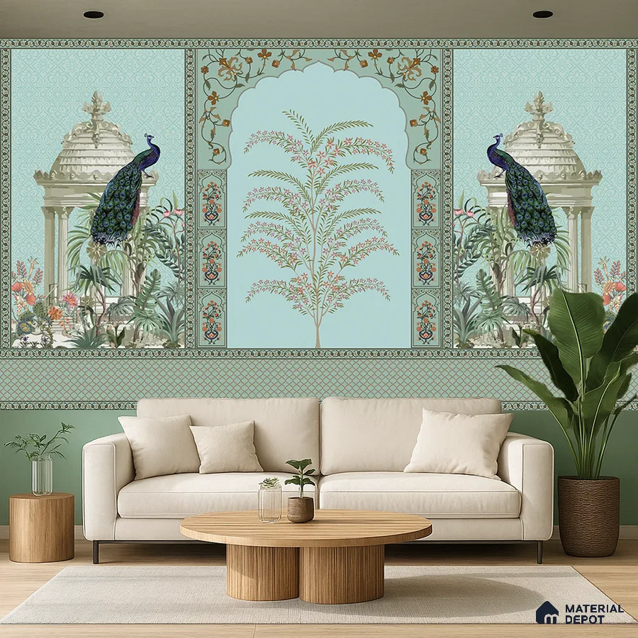 Art Deco living room with Indian pichwai wallpaper and light wood coffee table in Bengaluru