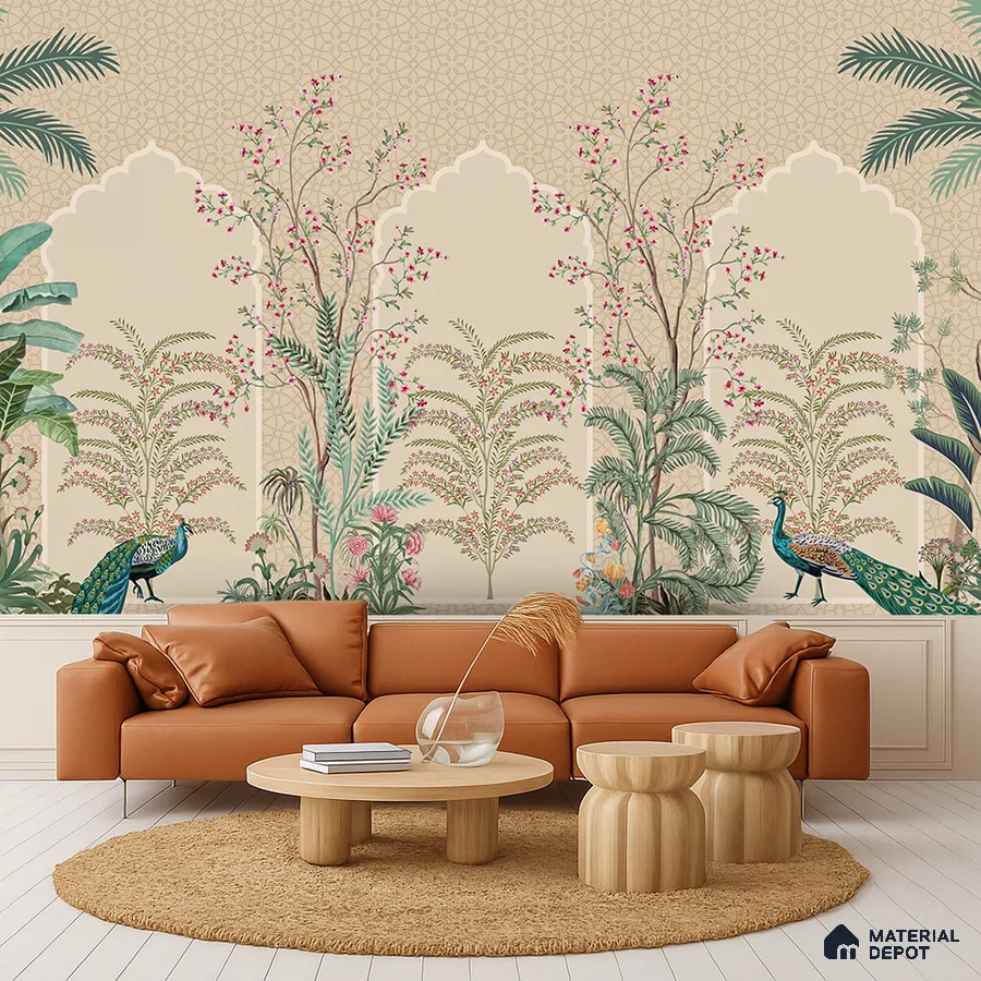 Art Deco living room with Indian pichwai wallpaper, tan leather sofa, and light wood coffee table in Bengaluru