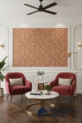 Art Deco living room with terracotta floral wallpaper, marble coffee table, and herringbone wooden flooring in Bengaluru