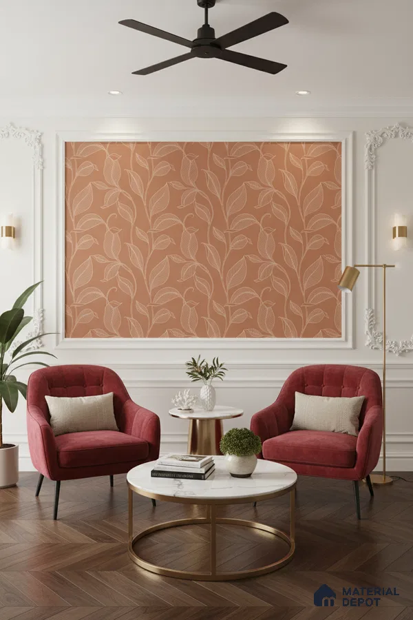 Art Deco living room with terracotta floral wallpaper, marble coffee table, and herringbone wooden flooring in Bengaluru