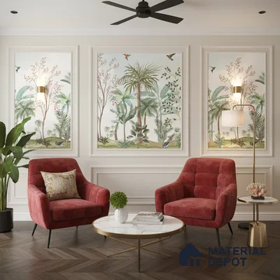 Art Deco living room with tropical wallpaper, marble coffee table, and herringbone wood flooring in Bengaluru