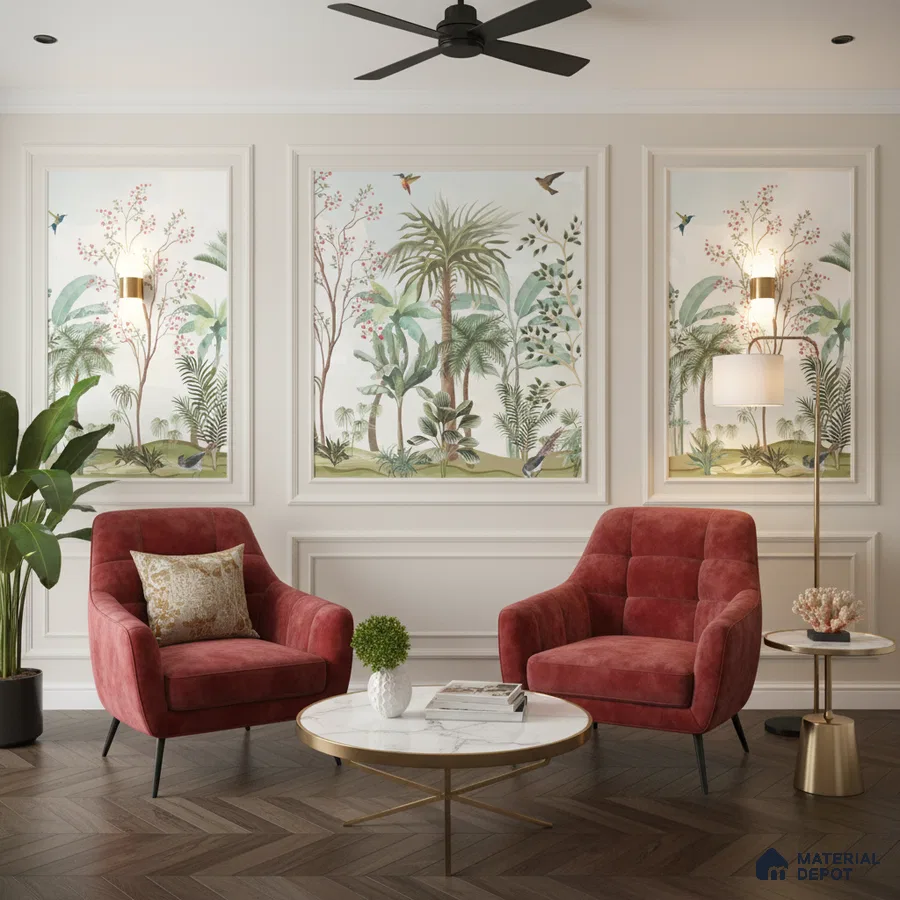 Art Deco living room with tropical wallpaper, marble coffee table, and herringbone wood flooring in Bengaluru