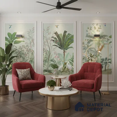 Art Deco living room with tropical wallpaper, marble top coffee table, and herringbone wooden flooring in Bengaluru