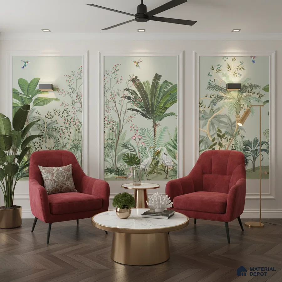 Art Deco living room with tropical wallpaper, marble top coffee table, and herringbone wooden flooring in Bengaluru