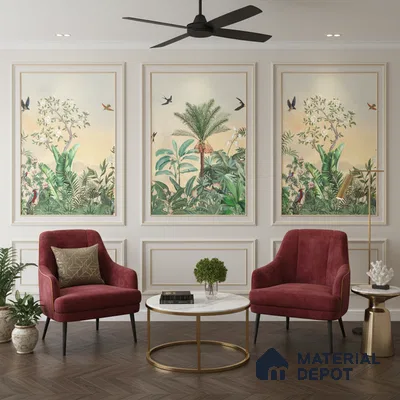 Art Deco living room with tropical wallpaper panels, burgundy velvet chairs, and herringbone wooden flooring in Bengaluru