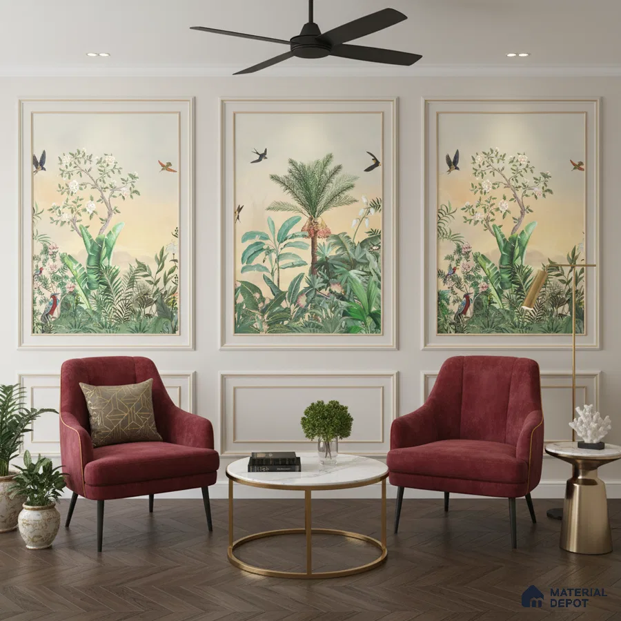 Art Deco living room with tropical wallpaper panels, burgundy velvet chairs, and herringbone wooden flooring in Bengaluru