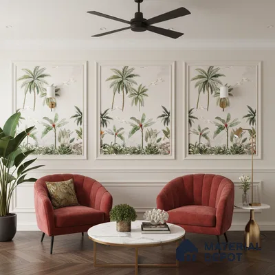 Art Deco living room with tropical wallpaper panels, velvet chairs, and marble coffee table in Bengaluru
