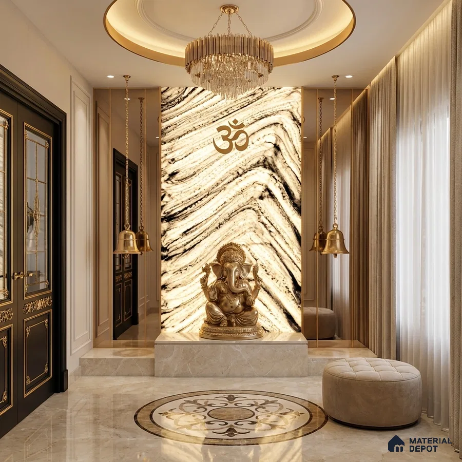 Art Deco pooja room with backlit marble accent wall and beige marble flooring