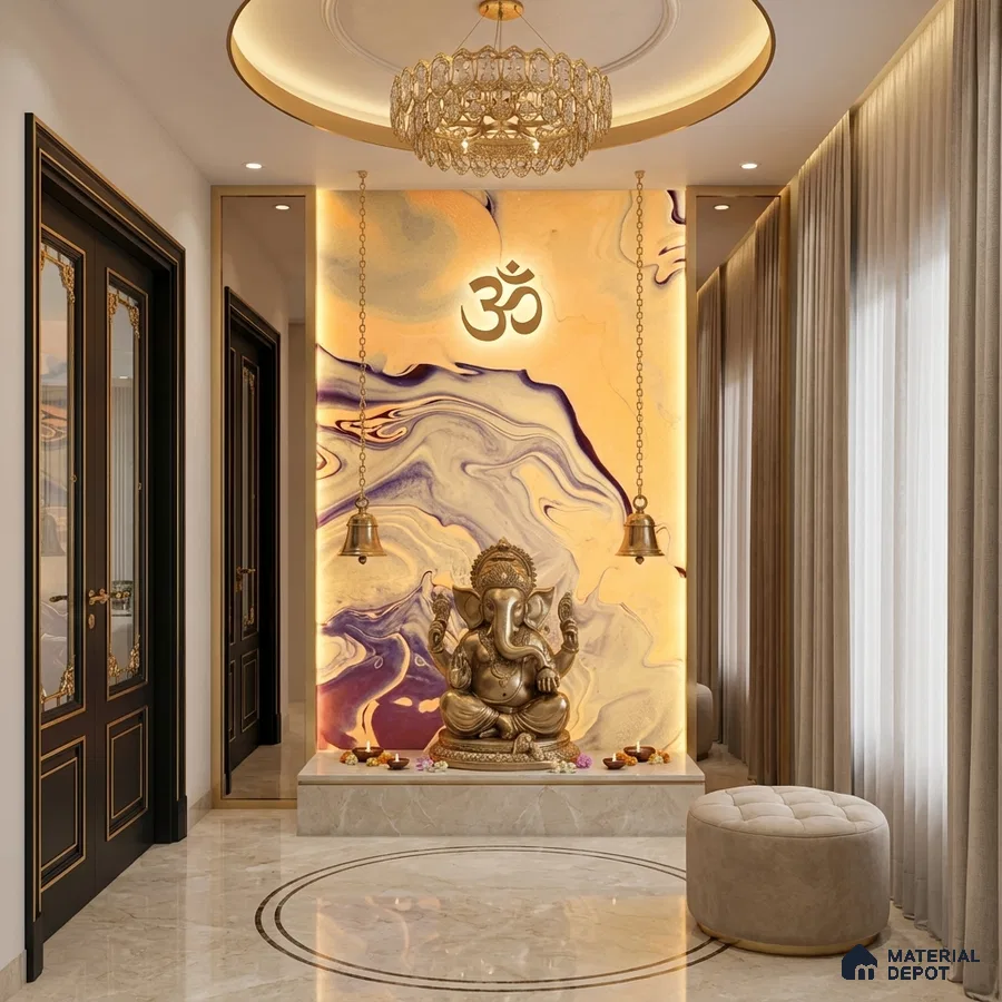 Art Deco pooja room with marble-look accent wall and beige marble floor tile