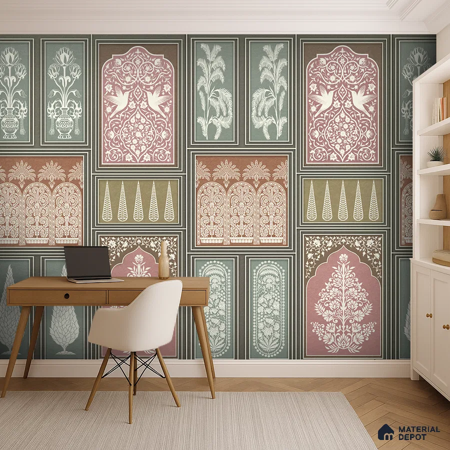 Art Deco study room with Indian patterned wallpaper and light wood desk in Bengaluru