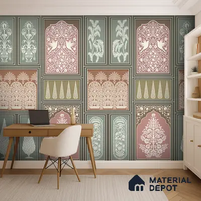 Art Deco study room with Indian patterned wallpaper and light wood desk in Bengaluru