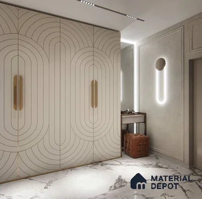 Art Deco wardrobe with geometric patterned beige laminate and white marble floor tile | Material Depot