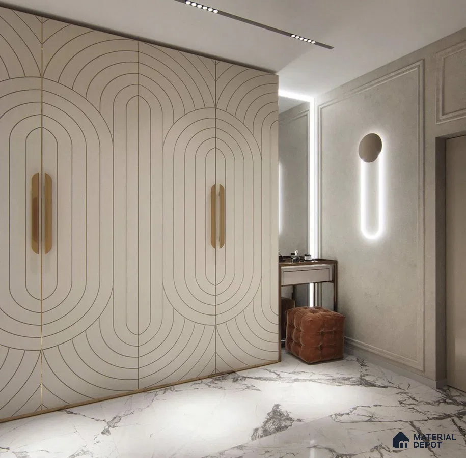 Art Deco wardrobe with geometric patterned beige laminate and white marble floor tile | Material Depot