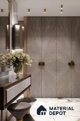 Art Deco Wardrobe with metallic sunburst wall panels and white marble floor tile | Material Depot