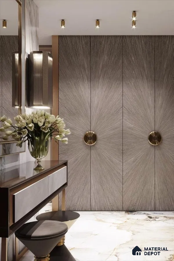 Art Deco Wardrobe with metallic sunburst wall panels and white marble floor tile | Material Depot