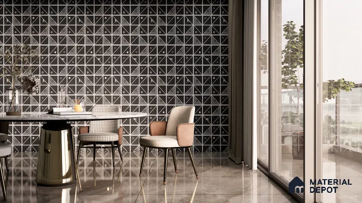 Art Deco-Inspired Dining Room with Monochrome Geometric Tile Wall | Material Depot