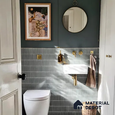 Artistic Allure: A Modern Bathroom Blending Soft Teal Tones with Artistic Flair | Material Depot