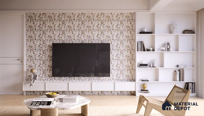 Living room with tribal patterned glass highlighter tile wall.