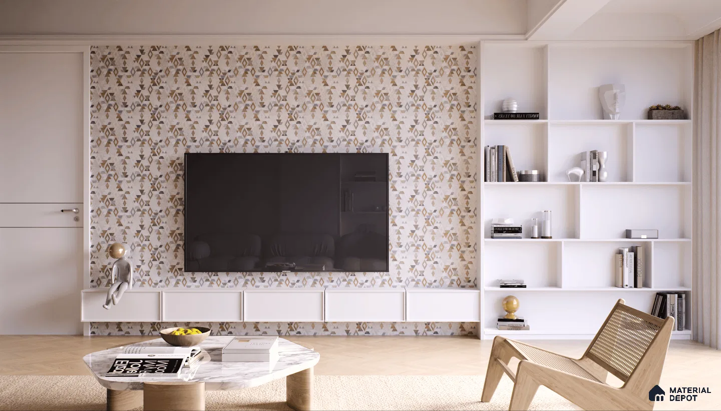 Living room with tribal patterned glass highlighter tile wall.