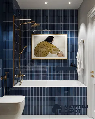 Artistic Elegance: Navy Blue Bathroom with Golden Accents | Material Depot