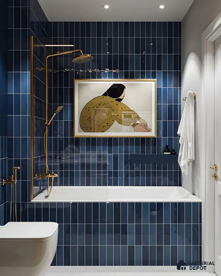 Artistic Elegance: Navy Blue Bathroom with Golden Accents | Material Depot