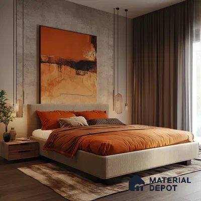 Artistic Modern Bedroom Design with Textured Walls and Warm Color Accents Prestige Park Grove Whitefield | Material Depot
