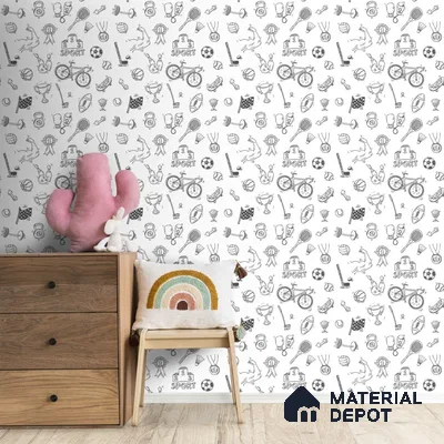 A close-up of a Black and White Sports Wallpaper for Kids Rooms Sparkla N Shine Series Patterned Design (Customised Size Wallpaper) with a finish available at Material Depot in Bangalore