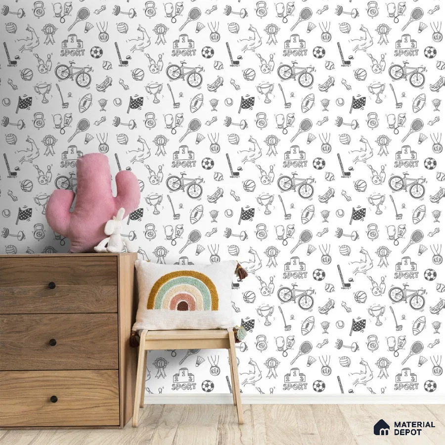 A close-up of a Black and White Sports Wallpaper for Kids Rooms Sparkla N Shine Series Patterned Design (Customised Size Wallpaper) with a finish available at Material Depot in Bangalore