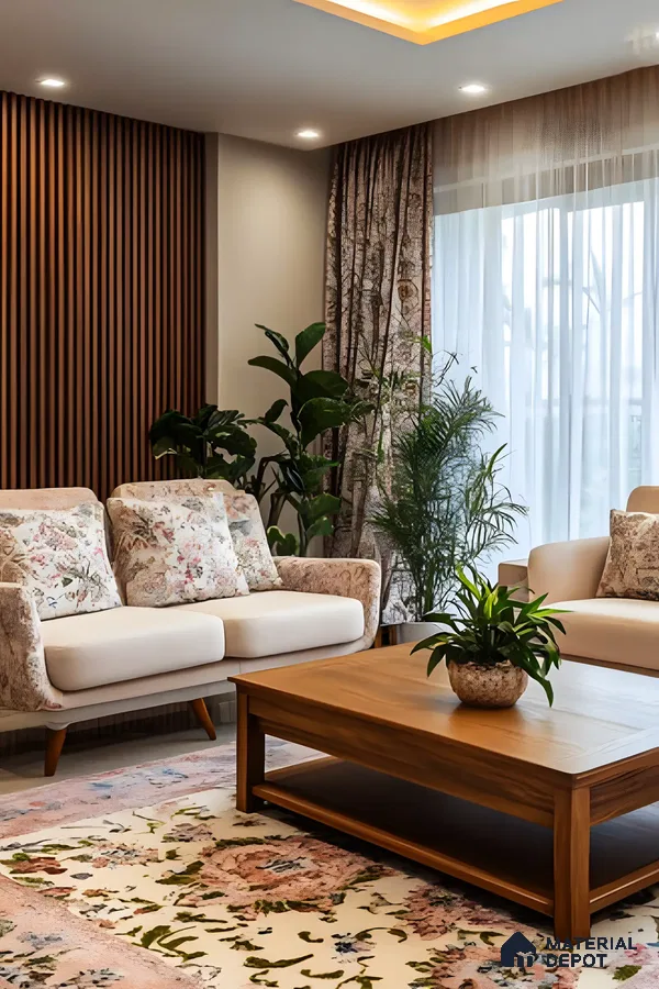 Attractive Living Room With Fluted Wooden Louvers | Material Depot