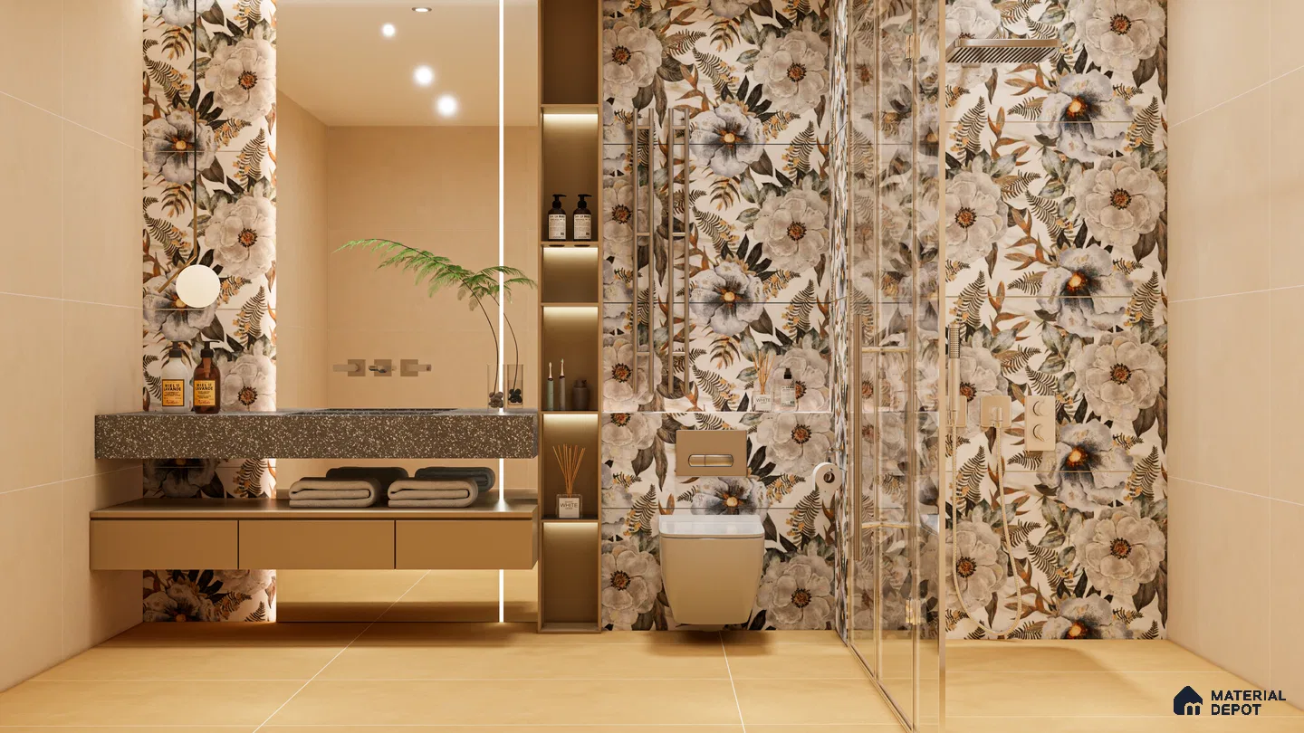 Azalia Bloom Statement Wall in a Luxe Beige Bathroom | Material Depot