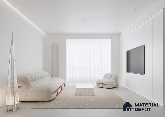 a bathroom with a large tub in the middle of it and white room next to a wooden flooring and white walls, along with a wooden table with a wooden stool on the wall above it that has a