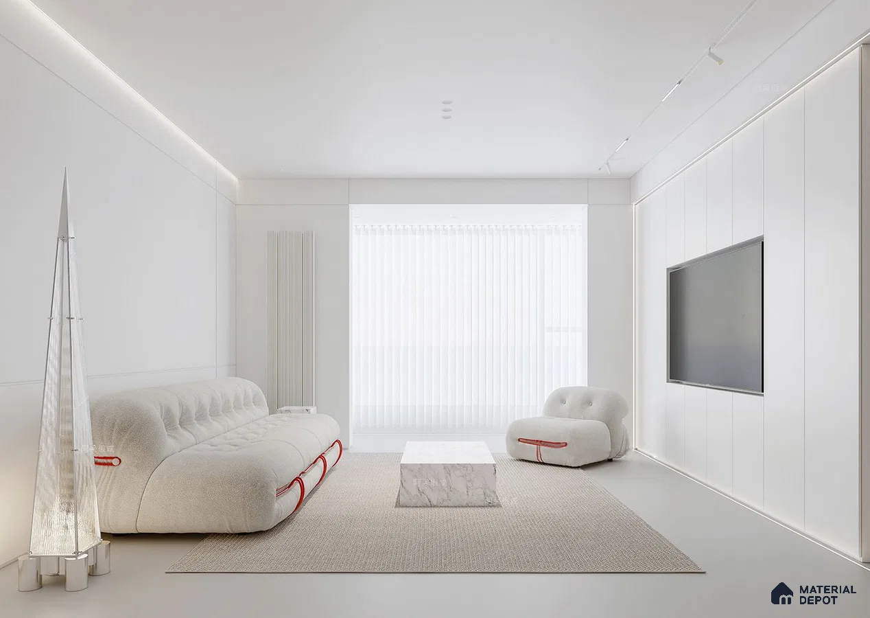 a bathroom with a large tub in the middle of it and white room next to a wooden flooring and white walls, along with a wooden table with a wooden stool on the wall above it that has a
