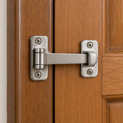 Baby Latches - satin steel baby latch joining two wooden door panels