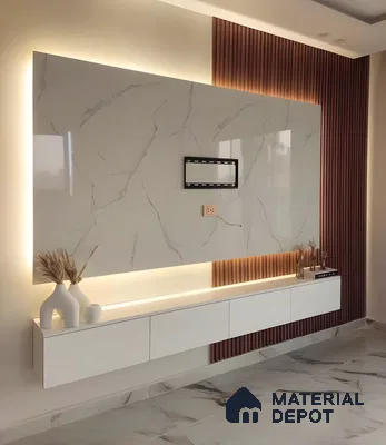 Backlit Marble-Style Tv Panel With White Gloss Cabinet And Vertical Fluted Accents | Material Depot