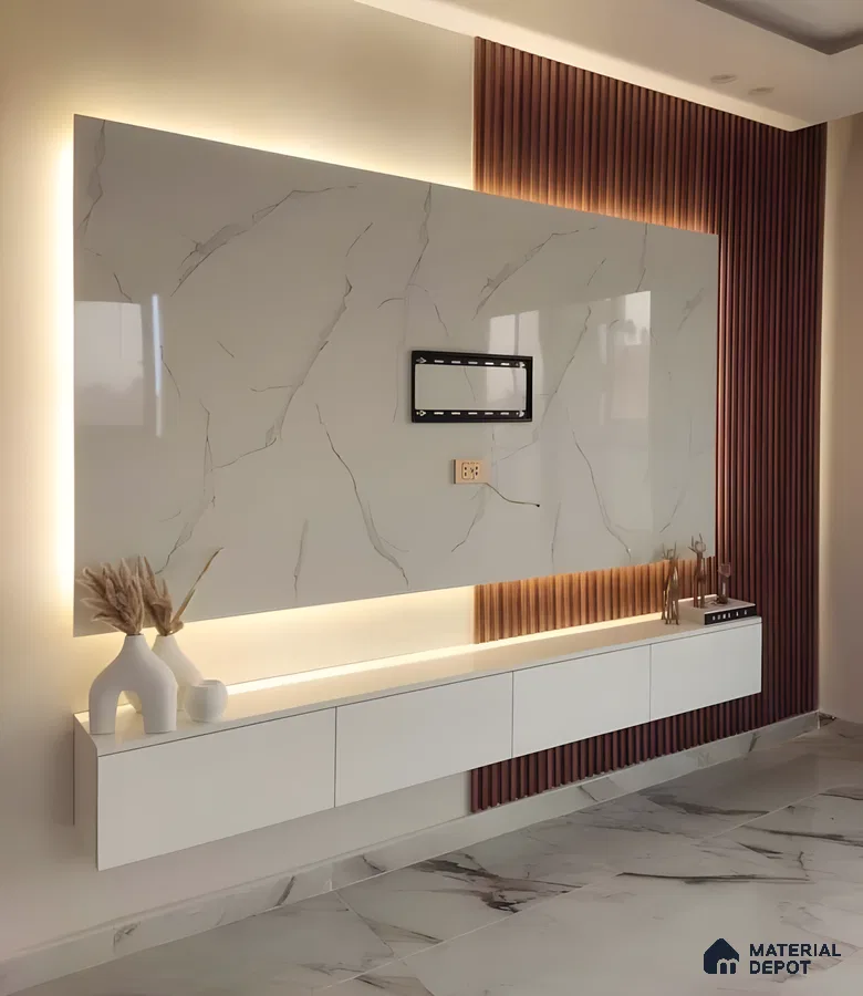 Backlit Marble-Style Tv Panel With White Gloss Cabinet And Vertical Fluted Accents | Material Depot