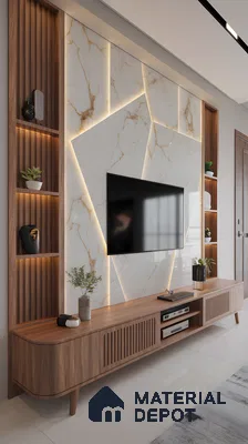 Backlit Marble Tv Panel With Walnut Fluted Cabinets And Side Shelf Niche | Material Depot