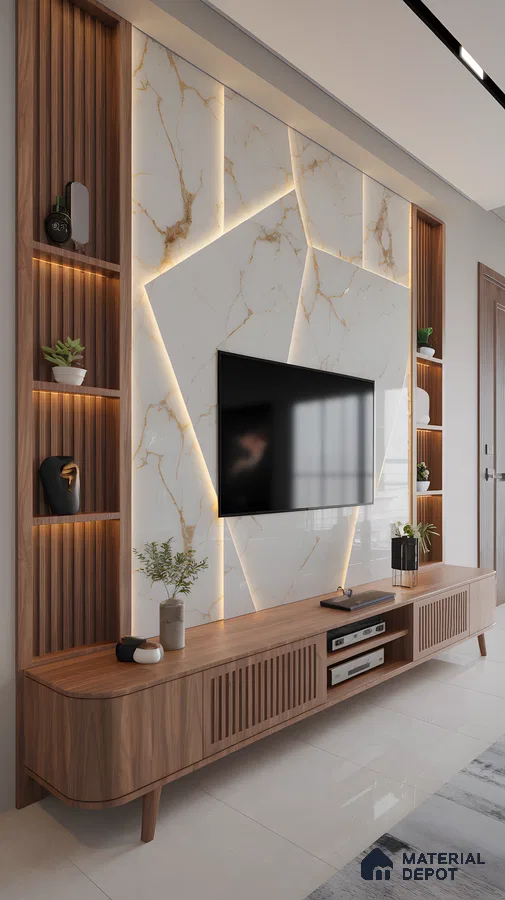 Backlit Marble Tv Panel With Walnut Fluted Cabinets And Side Shelf Niche | Material Depot