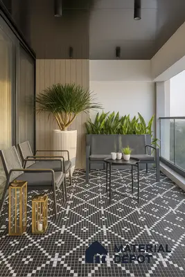 Balcony with Black-and-White Mosaic Floor Tiles, Sleek Grey Seating, Planter Wall & Glossy Ceiling in Prestige Royal Garden Doddaballapur | Material Depot