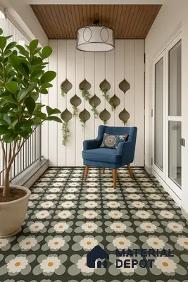 Balcony with Moroccan Floral Pattern Floor Tiles, Grooved Planter Wall Panel, Wooden Ceiling & Cozy Accent Chair in Prestige Royal Garden Doddaballapur | Material Depot