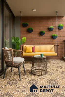 Balcony with Moroccan Pattern Floor Tiles, Brick Cladding Wall, Hanging Swing Bench & Wicker Accent Chair in Prestige Royal Garden Doddaballapur | Material Depot