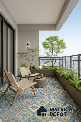Balcony with Moroccan Pattern Floor Tiles, Planter Box Cladding, Woven Outdoor Chairs & Wall Sconce Lighting at Prestige Misty Waters Hebbal | Material Depot