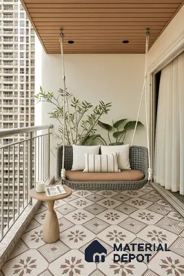 Balcony with Moroccan Pattern Tile Flooring, Woven Swing, Wood-Plank Ceiling & Sheer Drapes in Prestige Misty Waters Hebbal | Material Depot
