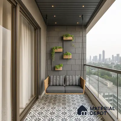 Balcony with Moroccan Tiles & Textured Concrete Backtiles in 3 BHK Sattva Aspire, Hennur | Material Depot