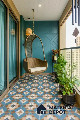 Balcony with Patterned Moroccan Floor Tiles, Teal Feature Wall, Rattan Swing & Potted Greens in Prestige Kensington Gardens Jalahalli | Material Depot